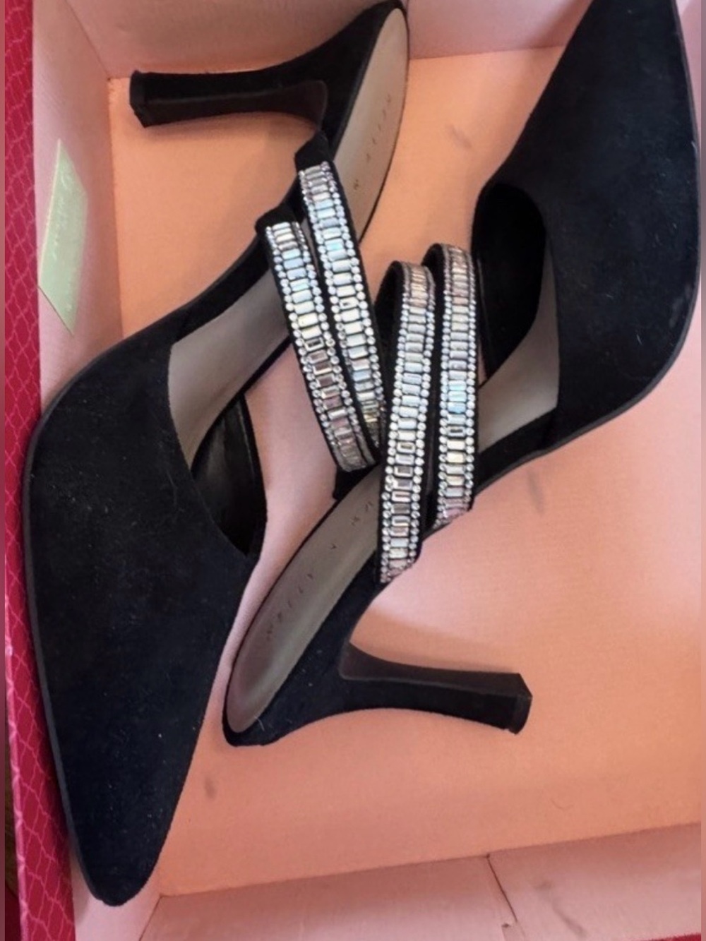 Kelly & Katie Black Pointed-Toe Heels with Crystal-Strap Detail